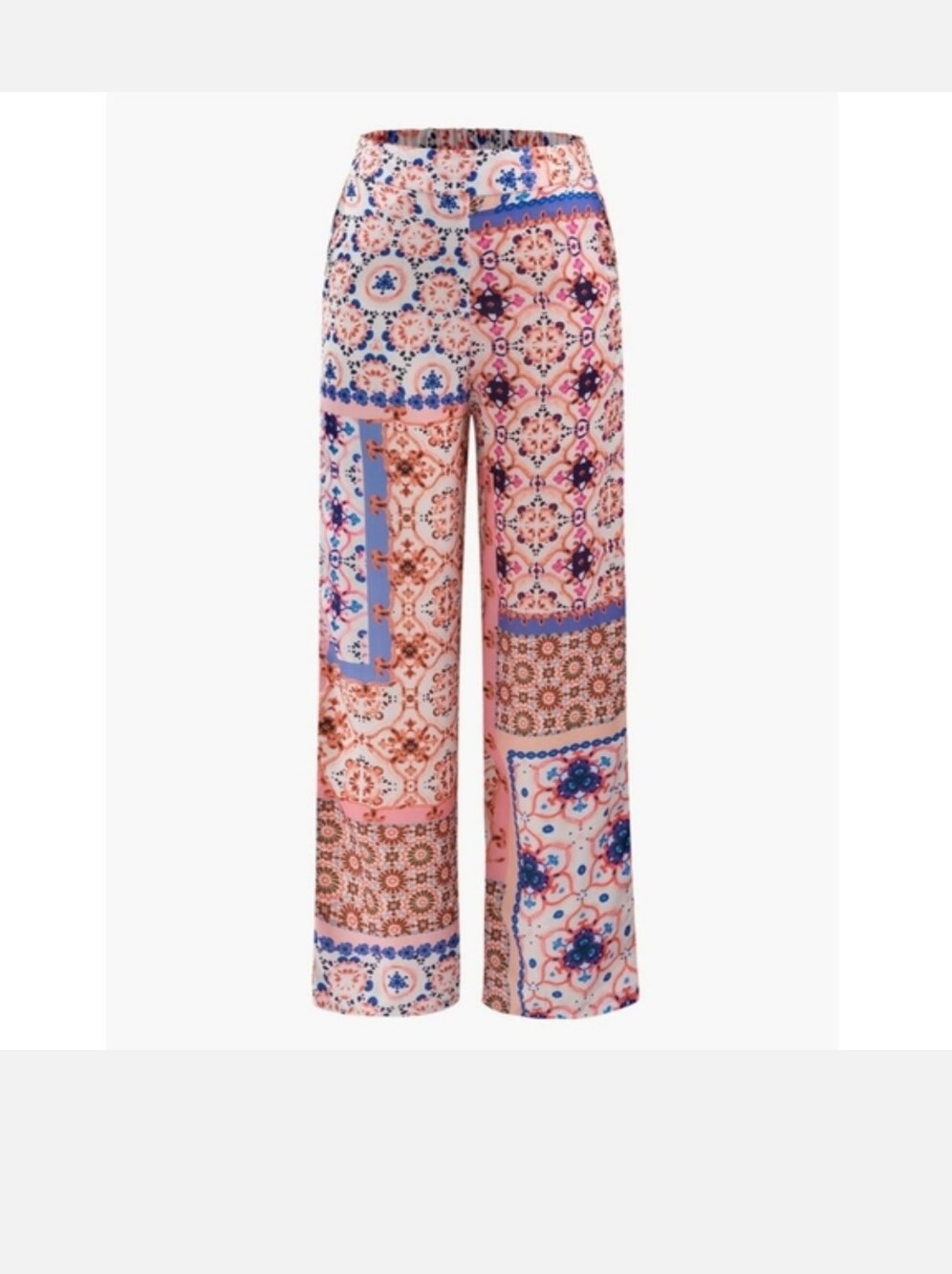 Micas Satin Straight Leg Bohemian Patchwork Printed Pants Coral Blue Multi - M